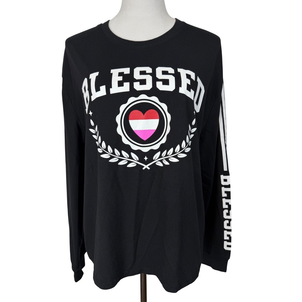 Hybrid Blessed Women's 1X Graphic‎ Tee Black Long Sleeve Heart Stripe